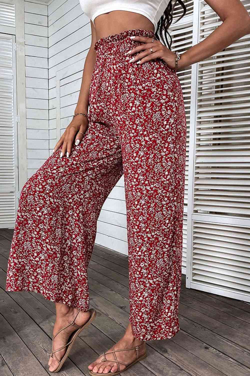 SeaKnickers Ditsy Floral Slit Paperbag Waist Red Wide Leg Pants