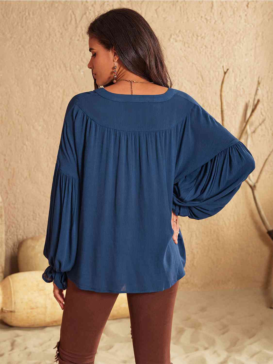 Peacock Blue Tie Neck Long Sleeve Blouse