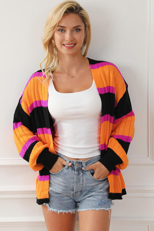 Charming Trends Ribbed Striped Open Front Long Sleeve Cardigan