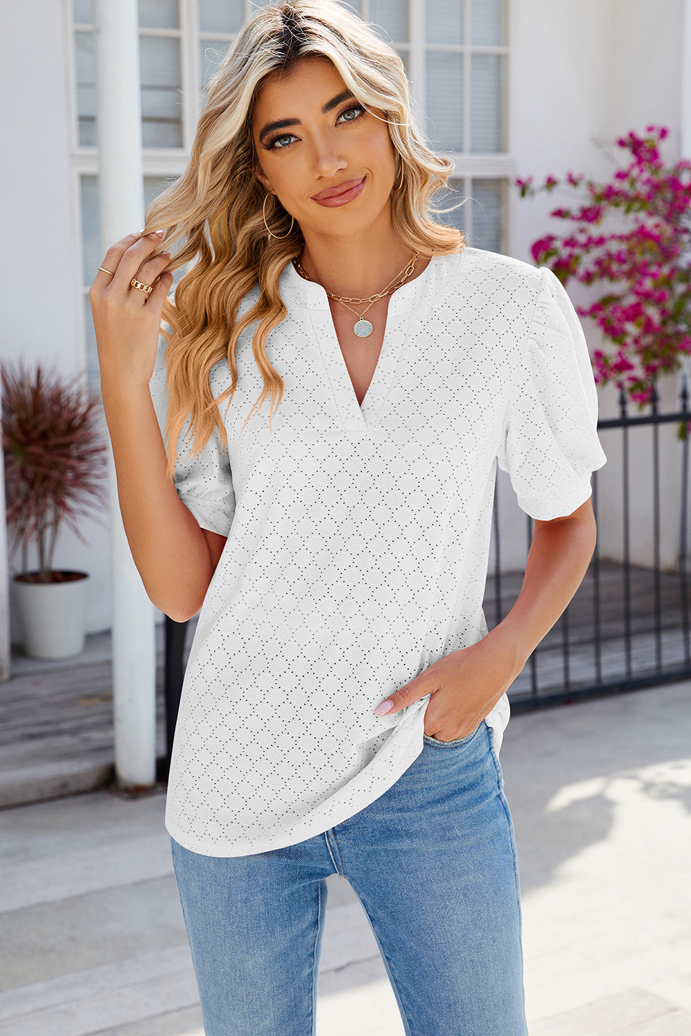 Eyelet Notched Puff Sleeve T-Shirt