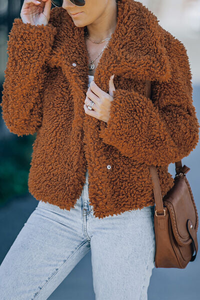 Chestnut Brown Fuzzy Snap Down Long Sleeve Jacket