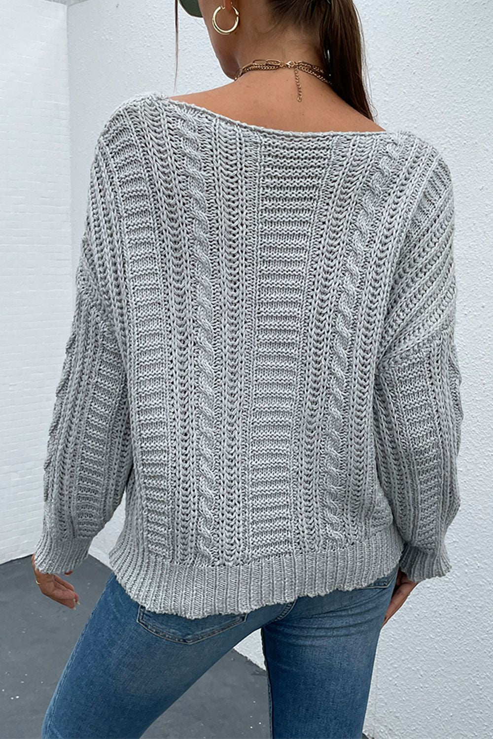 M&Matilda V-Neck Cable-Knit Long Sleeve Sweater