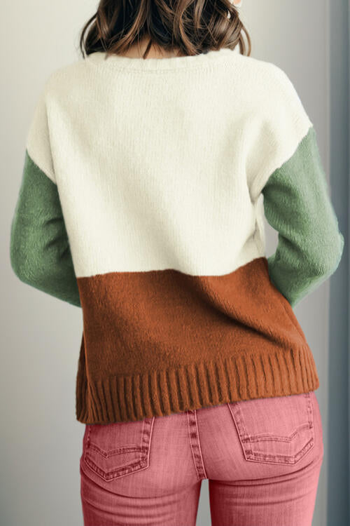 CozyWonders Color Block Round Neck Long Sleeve Sweater