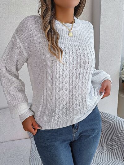 NotSoBasic Cable-Knit Round Neck Long Sleeve Sweater