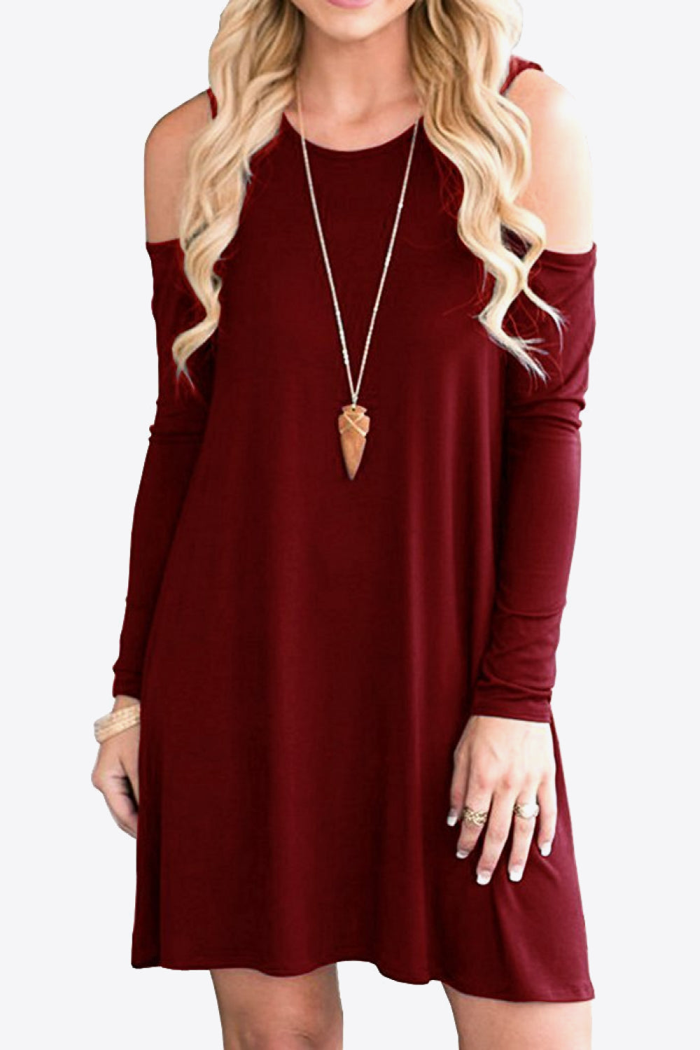 Women's Full Size Cold-Shoulder Long Sleeve Round Neck Dress