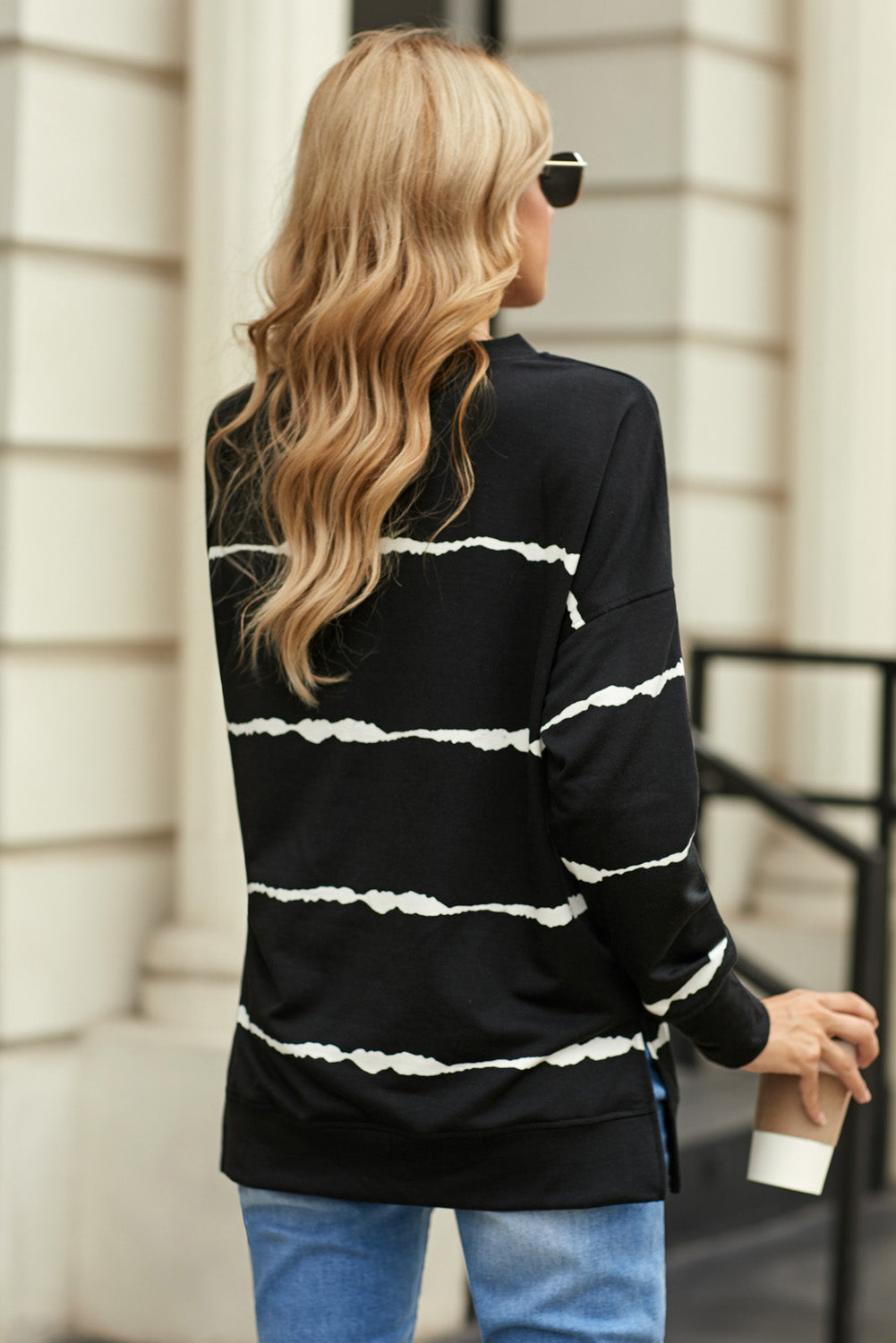 Full Size Striped Side Slit Round Neck Black Sweatshirt