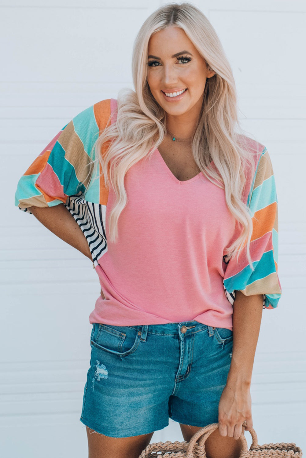 Malibu Dreams Full Size Striped Dolman Sleeve V-Neck Top