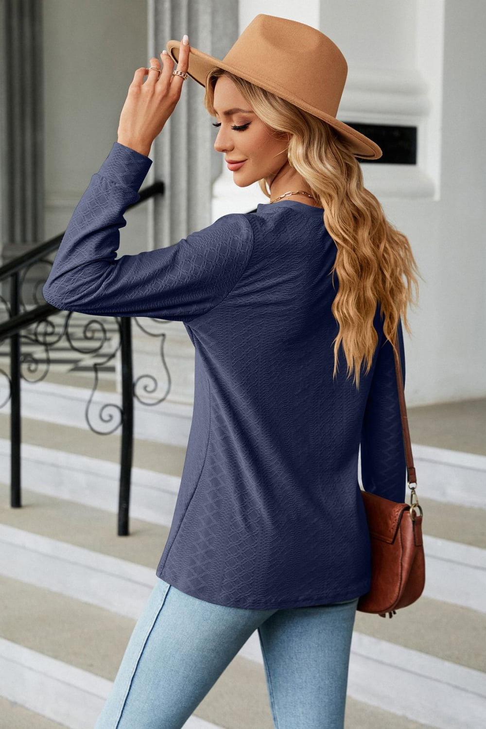 Full Size Notched Neck Long Sleeve Buttoned Blouse