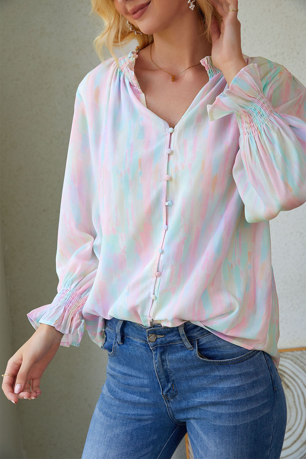 AuroraBlissX Notched Neck Flounce Sleeve Blouse