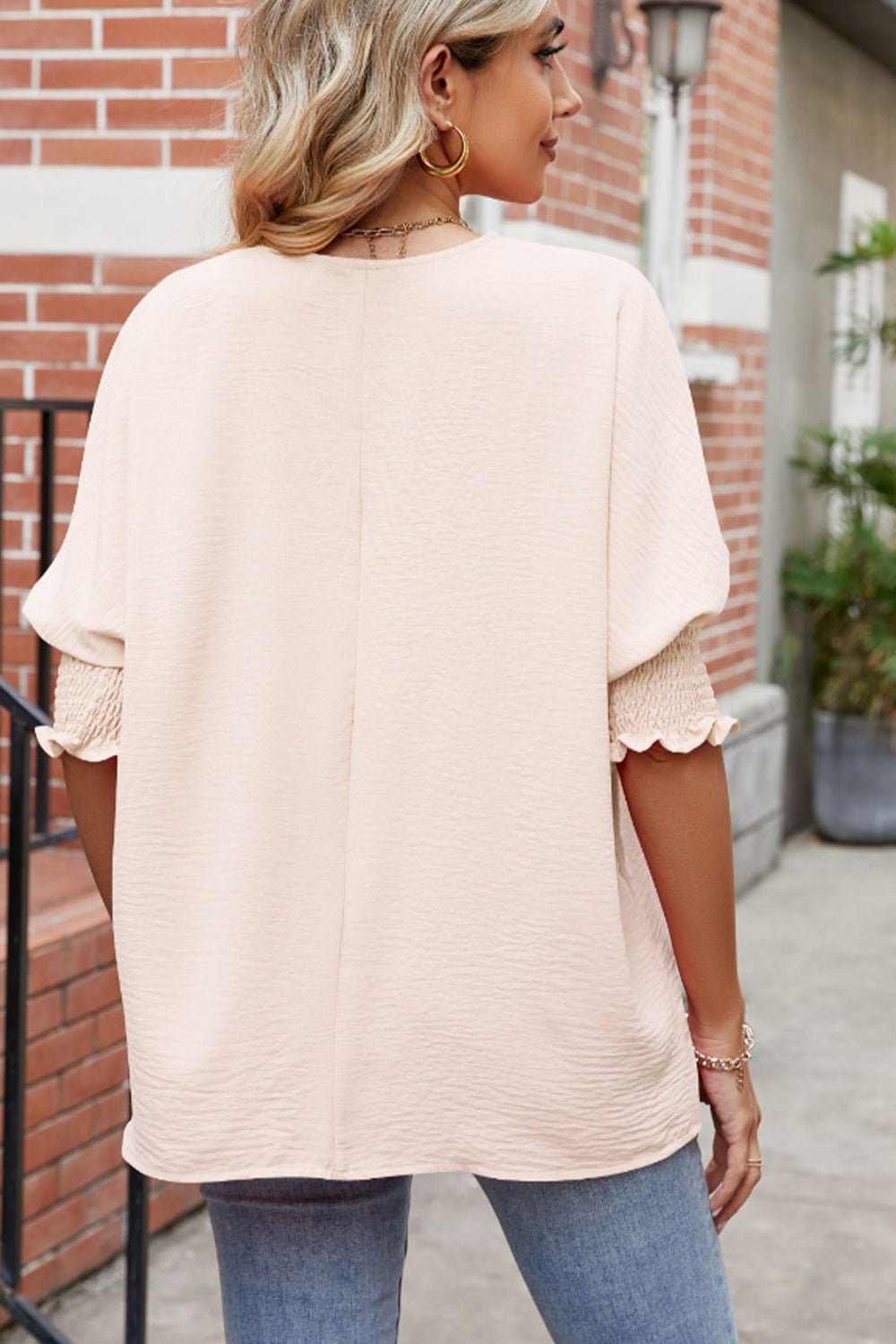 Full Size Round Neck Smocked Lantern Sleeve Blouse