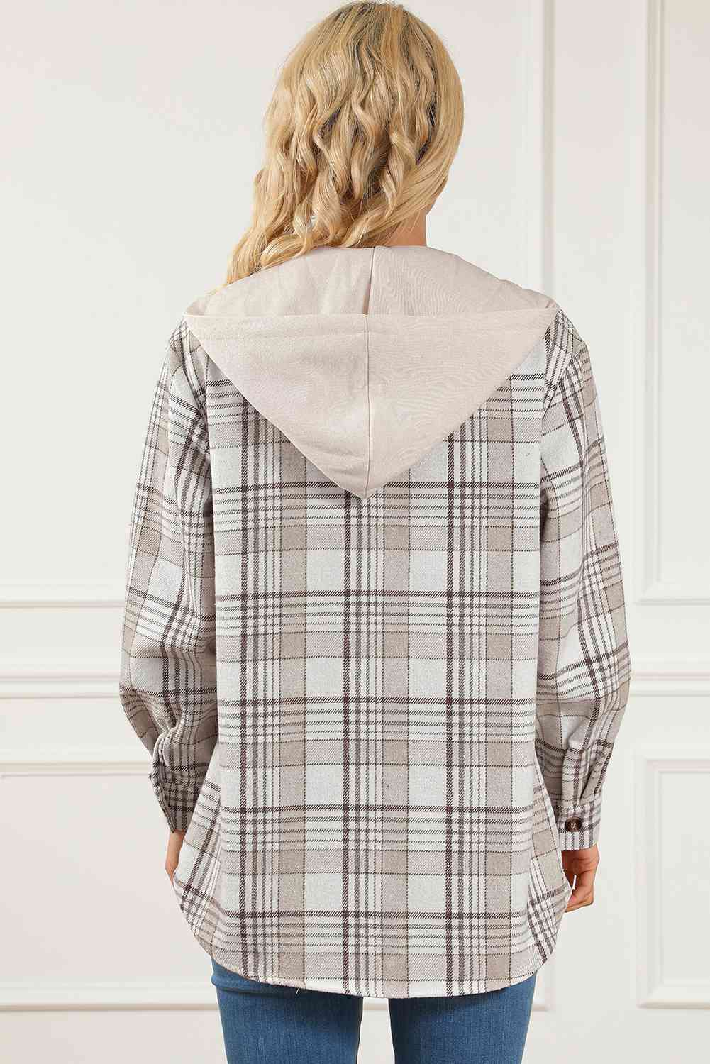 Sand Brown Plaid Button Down Hooded Jacket