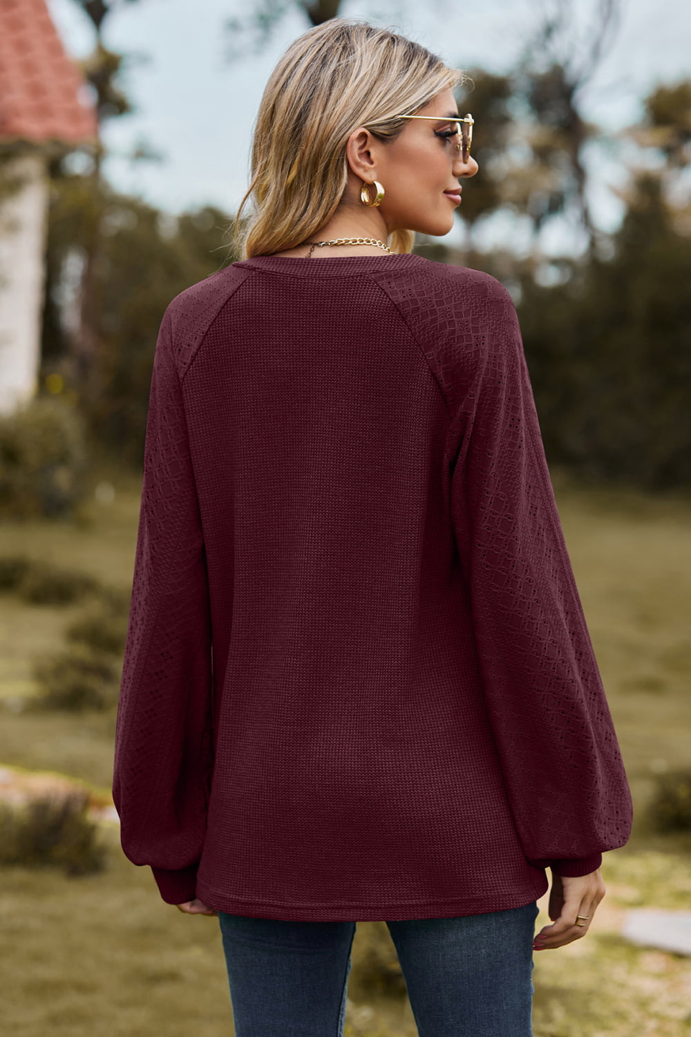 Full Size Notched Neck Raglan Sleeve Blouse