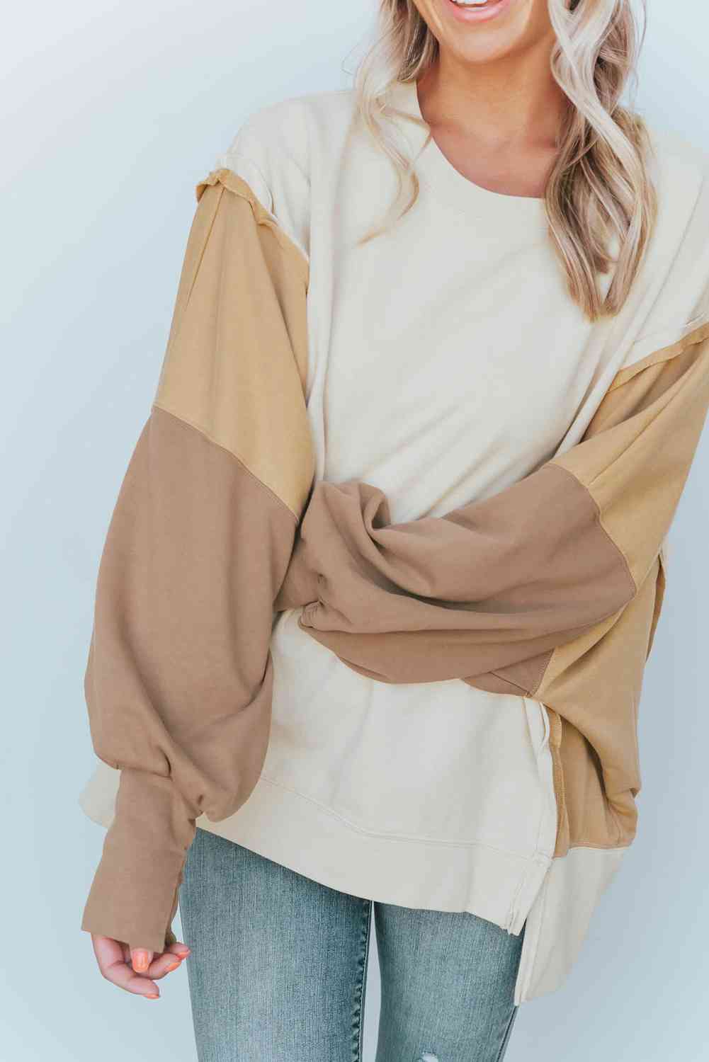 Color Block Exposed Seam Lantern Sleeve Khaki Sweatshirt