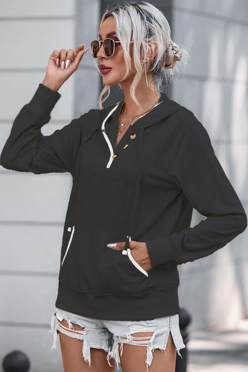 PromiseTops Half Button Drawstring Long Sleeve Hoodie