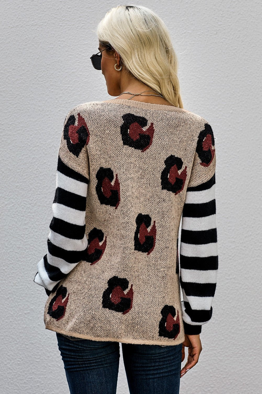 Women's Eden Full Size Striped Sleeve Leopard Print Knitted Sweater