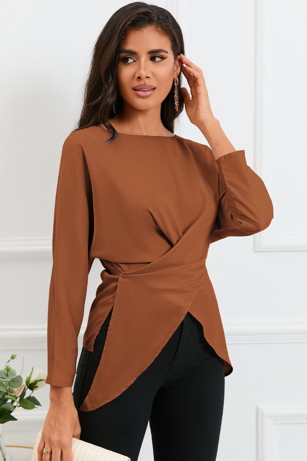 Full Size Boat Neck Back Tie Long Sleeve Satin Blouse