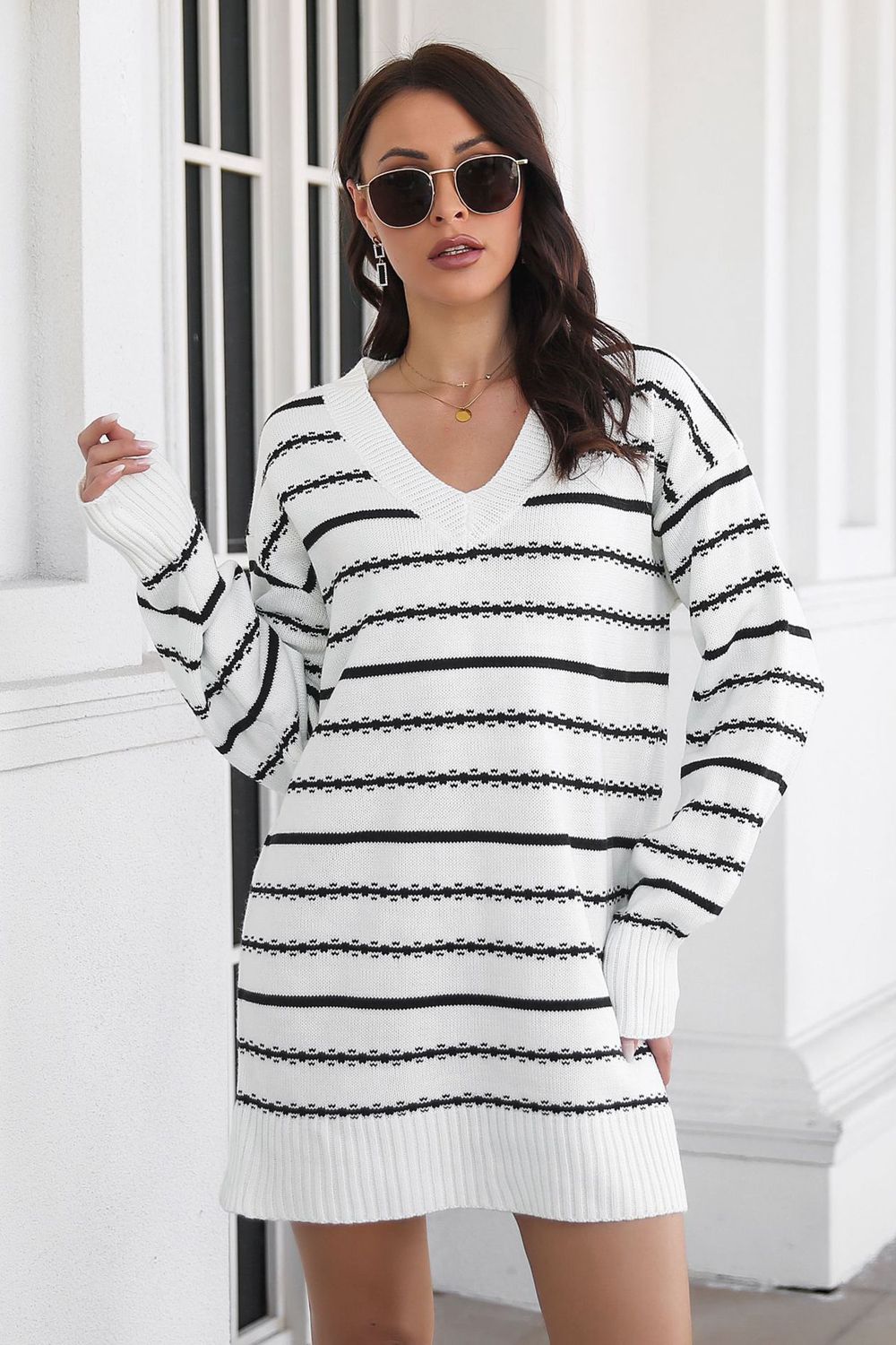 Avery Aria Striped V-Neck Sweater Dress