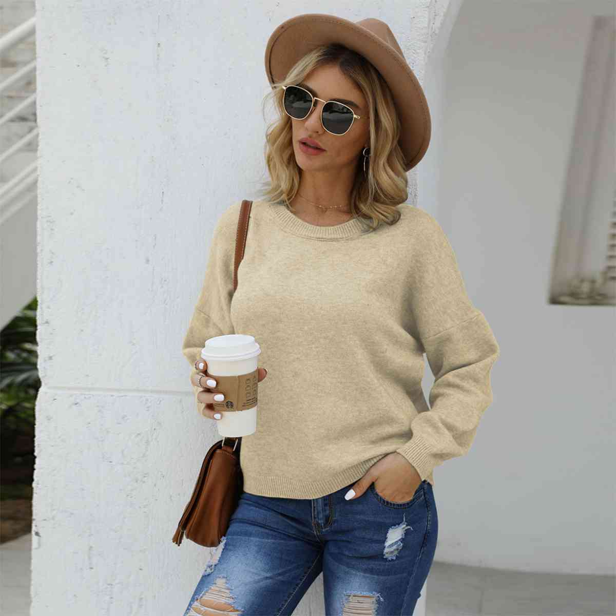 SnuggleTime Round Neck Long Sleeve Drop Shoulder Sweater