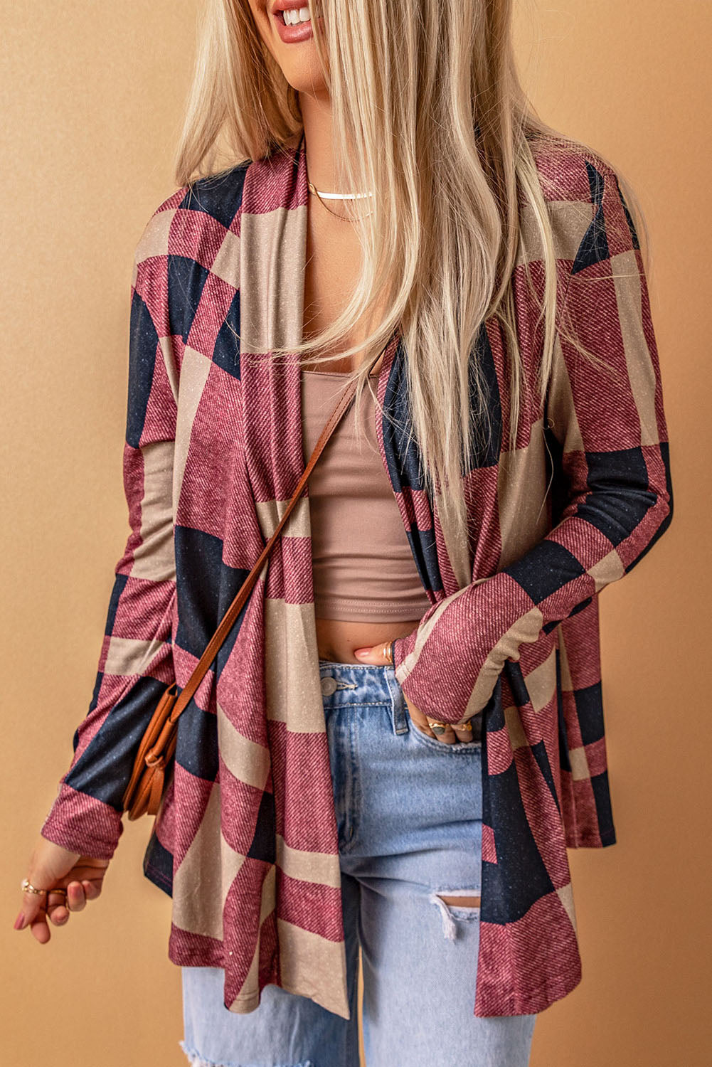 Full Size Red Plaid Open Front Cardigan
