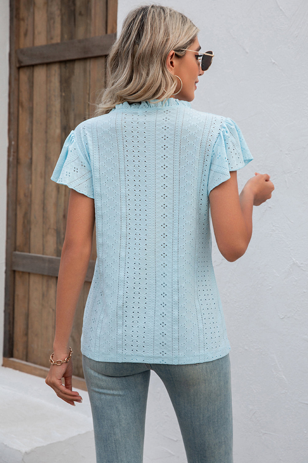 Full Size Eyelet Notched Neck Flutter Sleeve Top