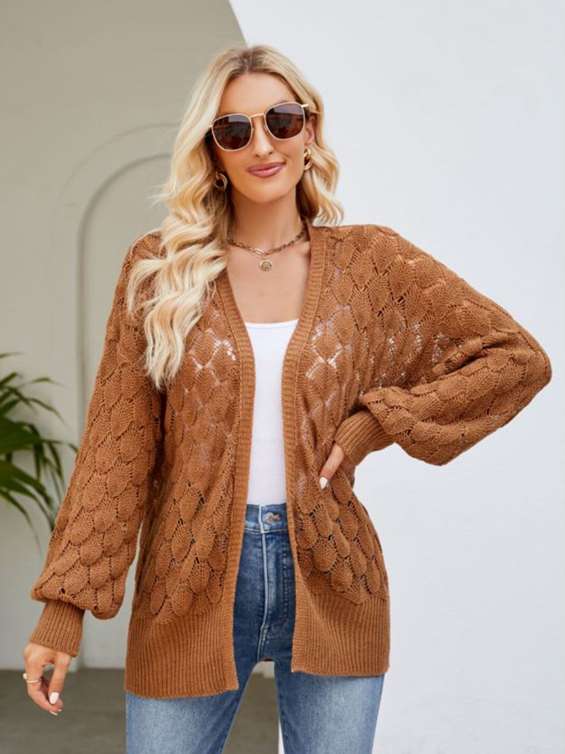 SkyMarie Open Front Ribbed Trim Cardigan