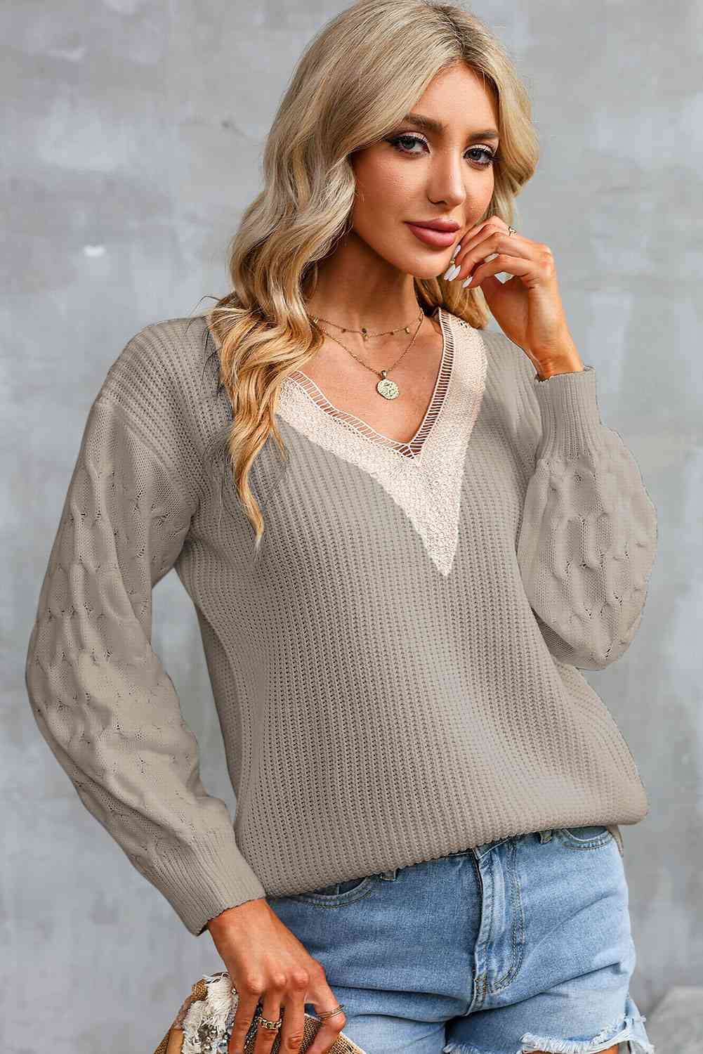 KnittedEmporium Full Size Contrast V-Neck Sweater