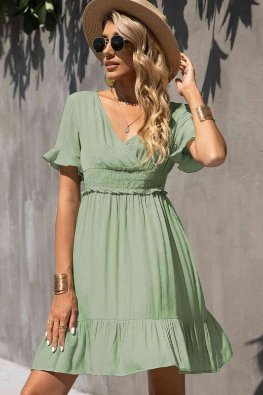 Women's Gum Leaf Green Smocked Waist Flounce Sleeve Ruffle Hem Dress