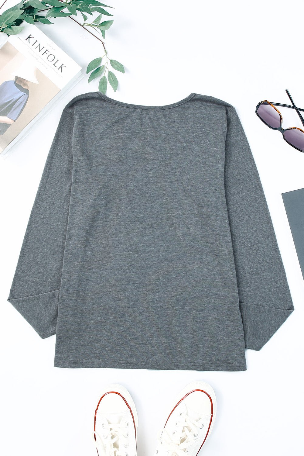 Full Size Gray Strappy Round Neck Long Sleeve Top