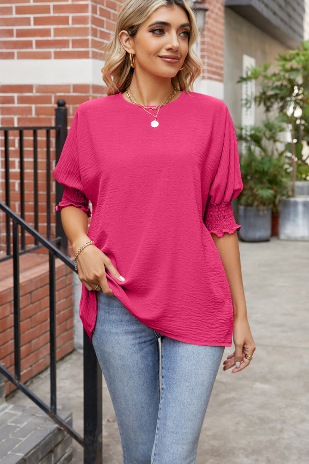 Full Size Round Neck Smocked Lantern Sleeve Blouse