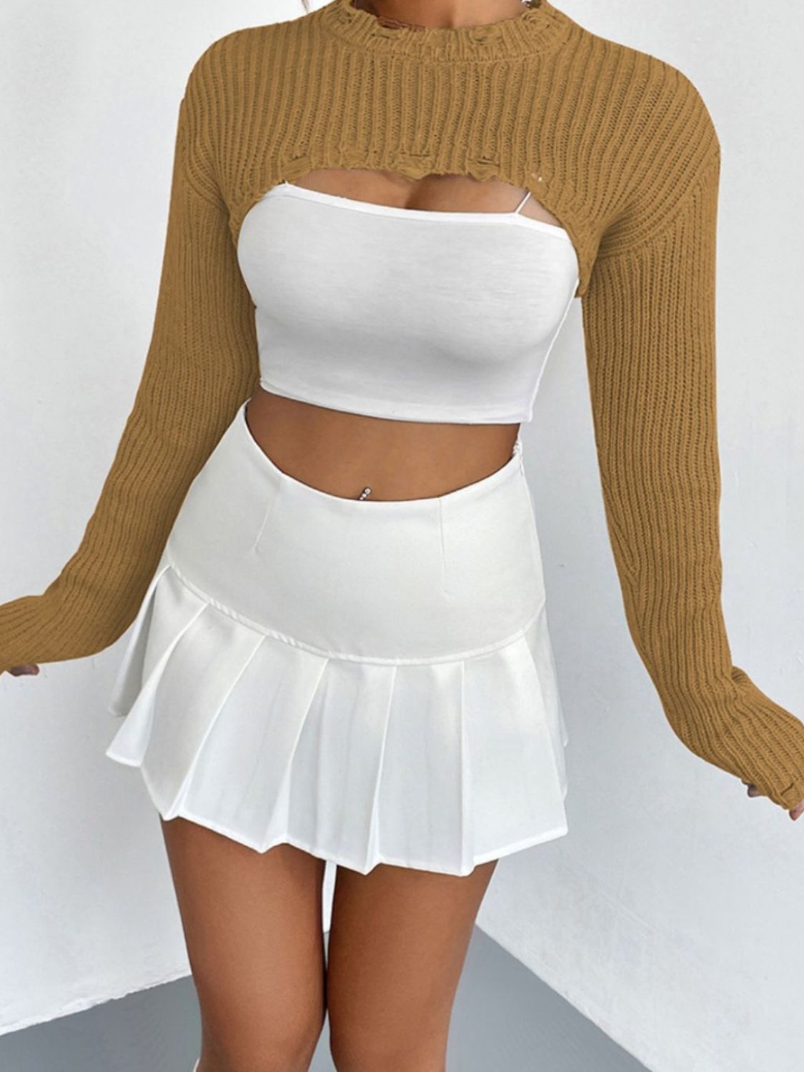 Full Size Distressed Long Sleeve Cropped Sweater