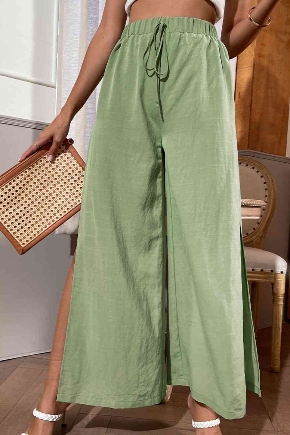 Gum Leaf Green Side Slit Wide Leg Pants