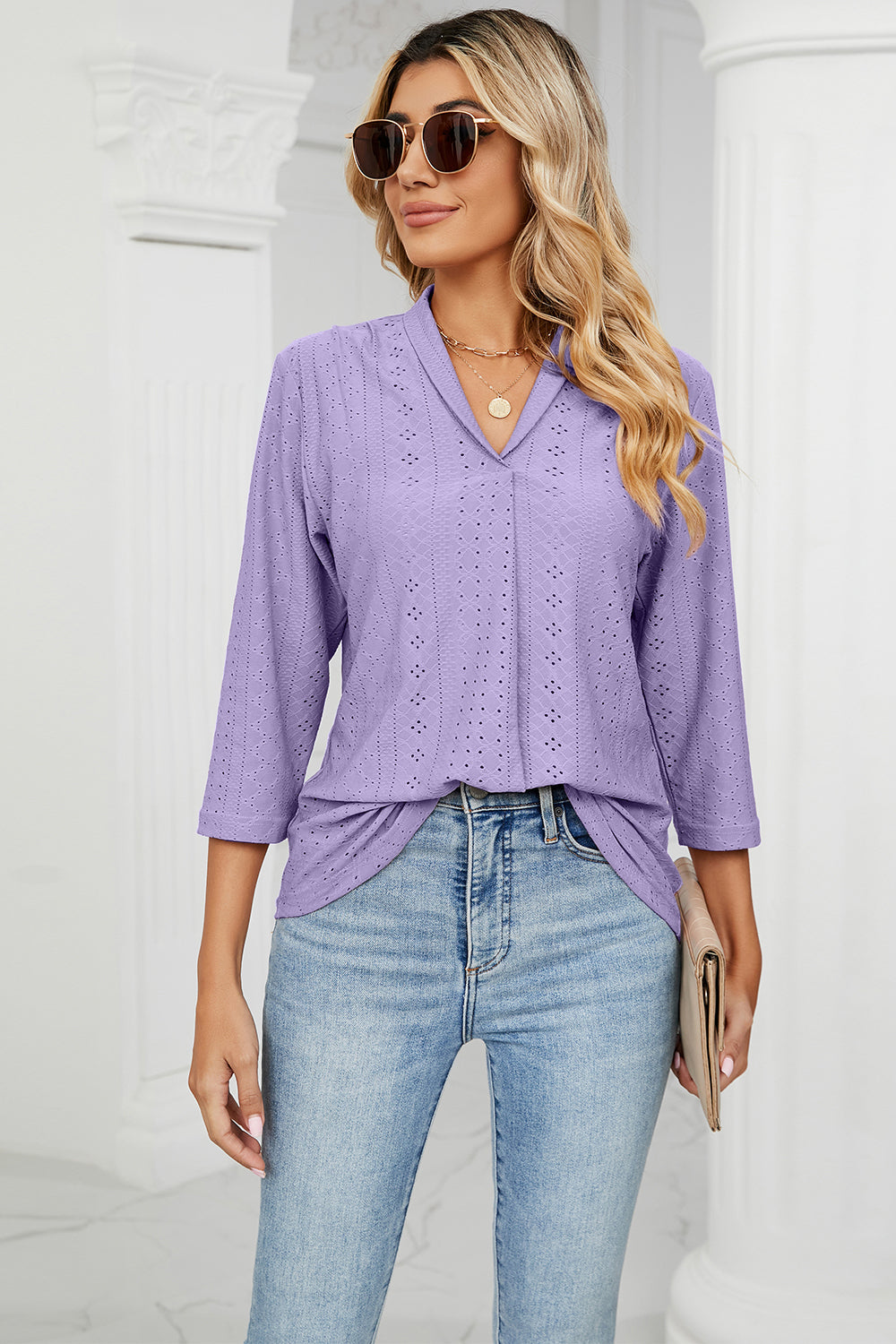 Full Size Eyelet Three-Quarter Sleeve Blouse