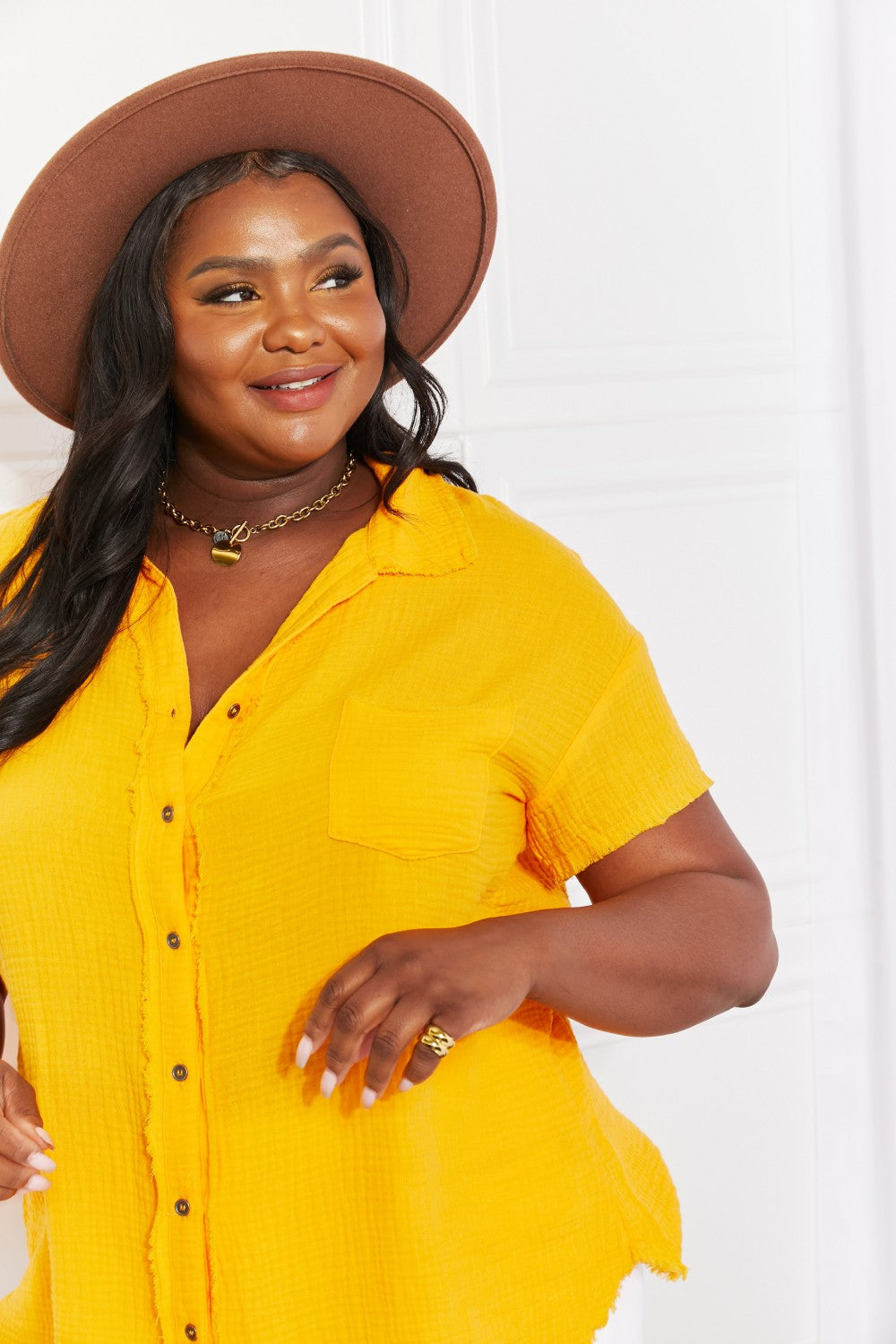 Women's Zenana Full Size Summer Breeze Gauze Short Sleeve Shirt in Mustard
