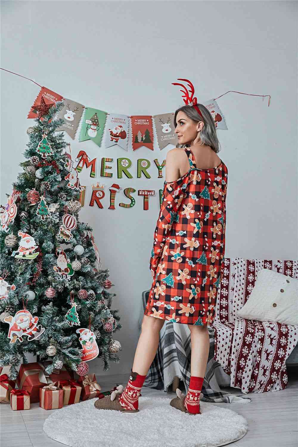 Christmas Asymmetrical Neck Long Sleeve Mini Dress