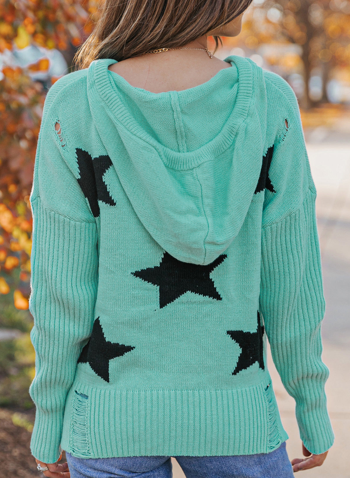 Full Size Star Distressed Slit Hooded Sweater