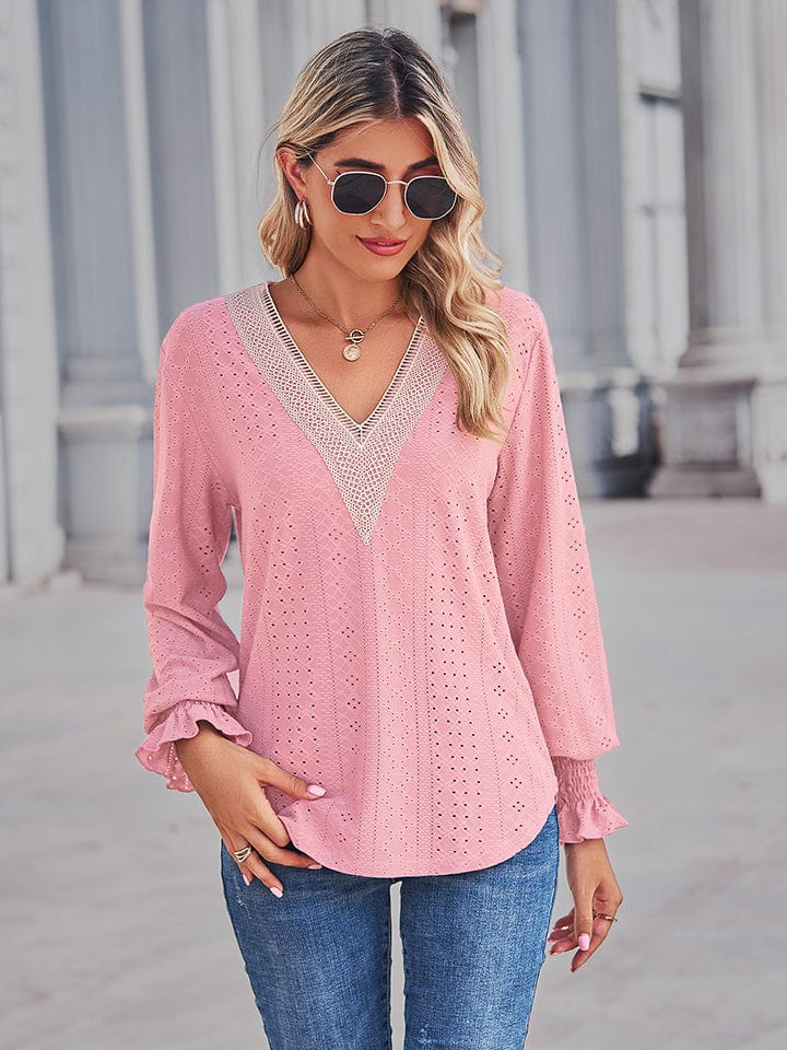 Full Size V-Neck Eyelet Flounce Sleeve Blouse