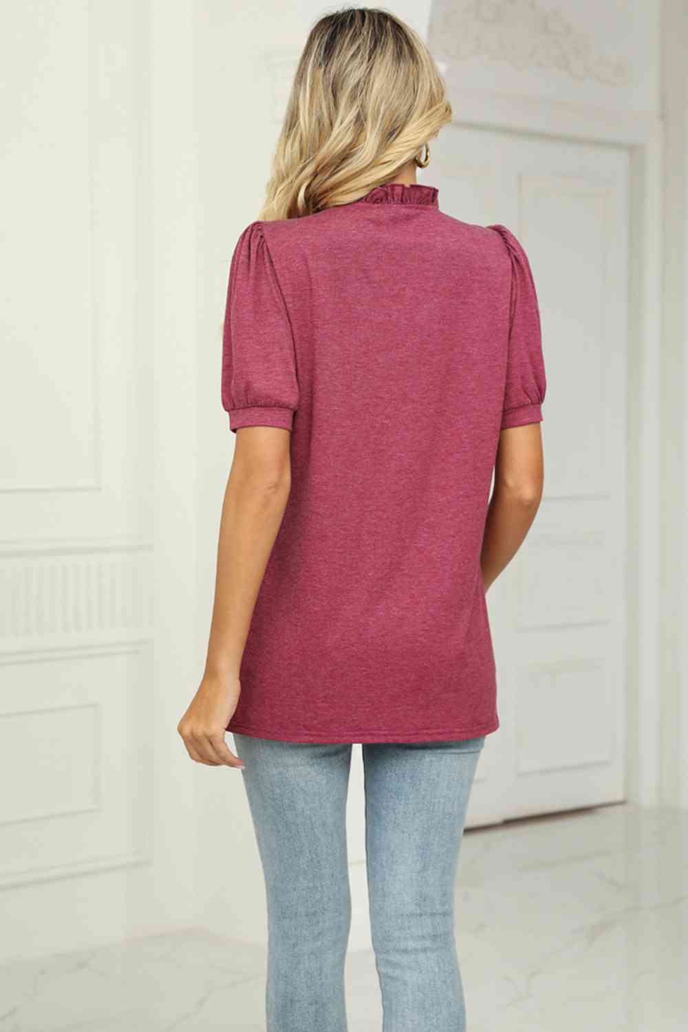 Full Size Notched Neck Puff Sleeve T-Shirt