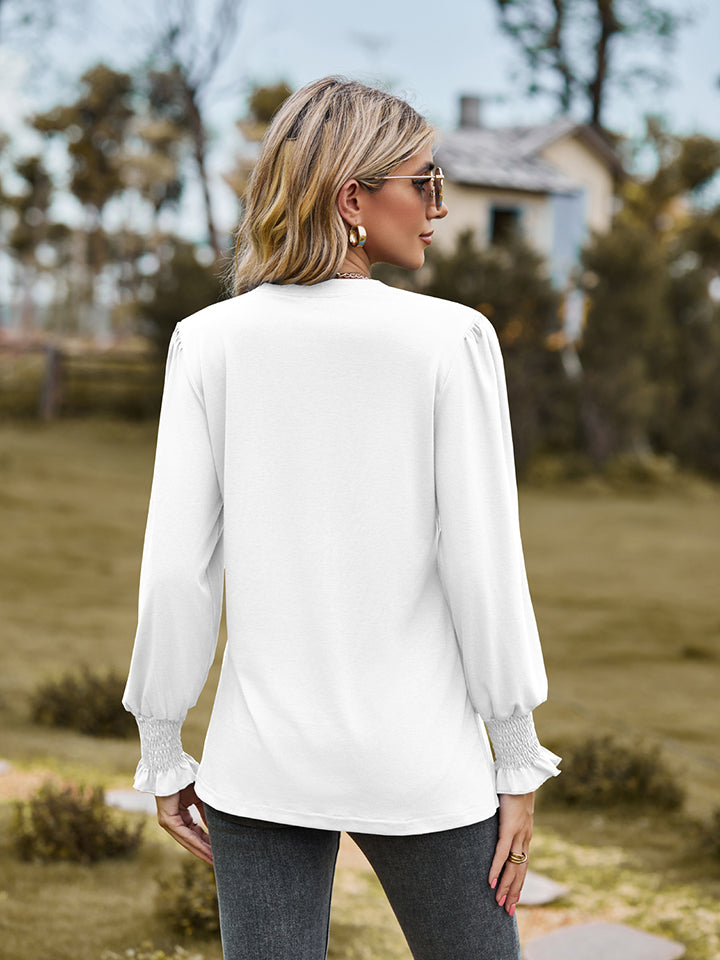 Full Size Notched Neck Flounce Sleeve Blouse