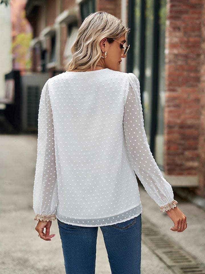 Full Size Swiss Dot V-Neck Long Sleeve Blouse