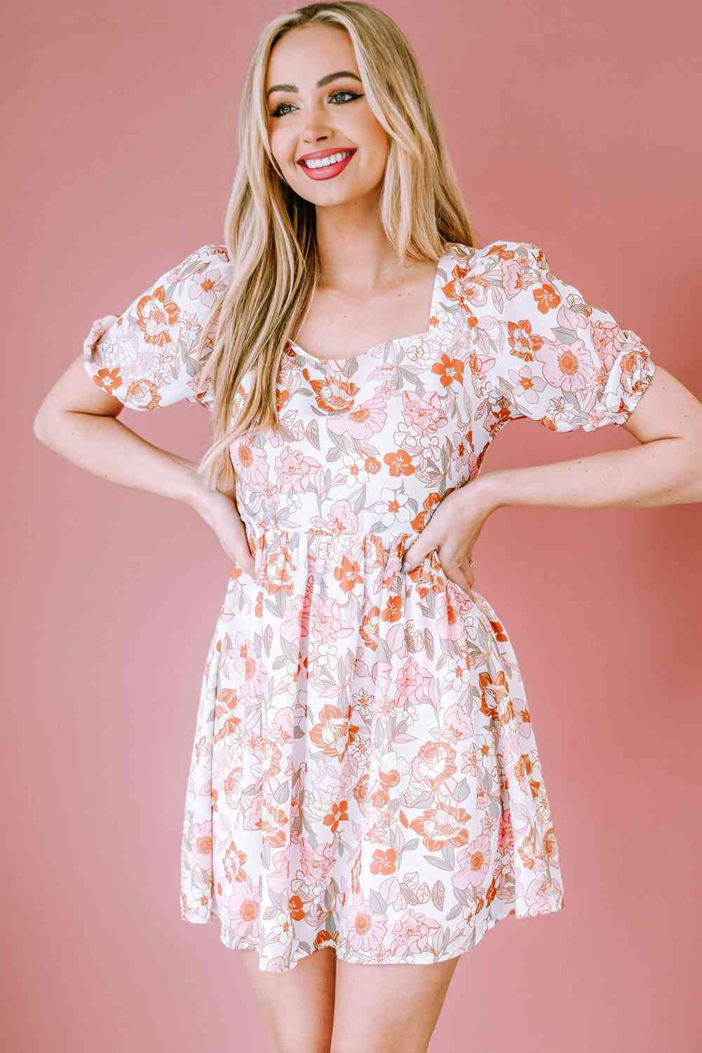 Women's Obsessed Blush Pink Floral Tie-Back Puff Sleeve Dress