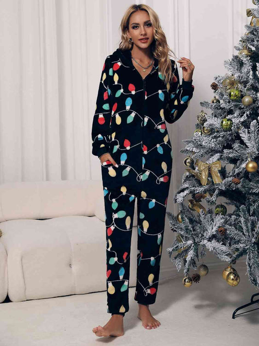 Christmas Lights Zip Front Hooded Lounge Jumpsuit with Pockets