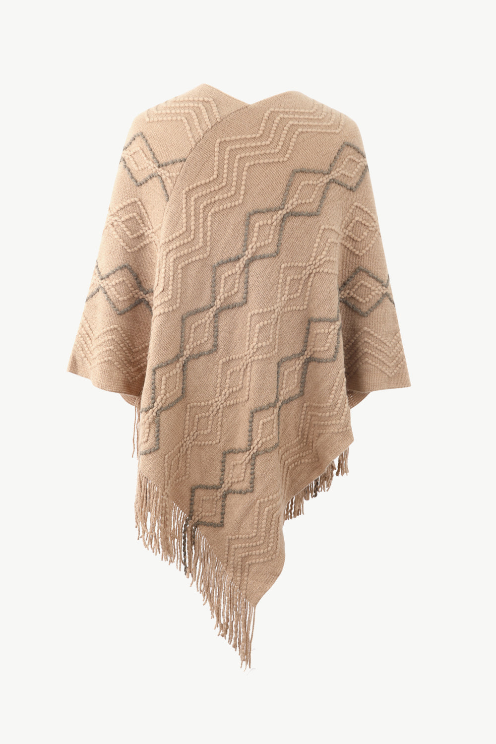 One Size Pearl Trim V-Neck Fringe Hem Poncho