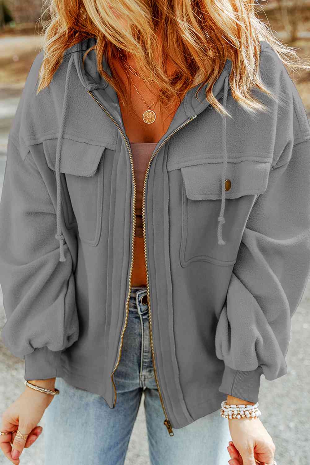 Hannah Full Size Zip-Up Drawstring Hooded Jacket
