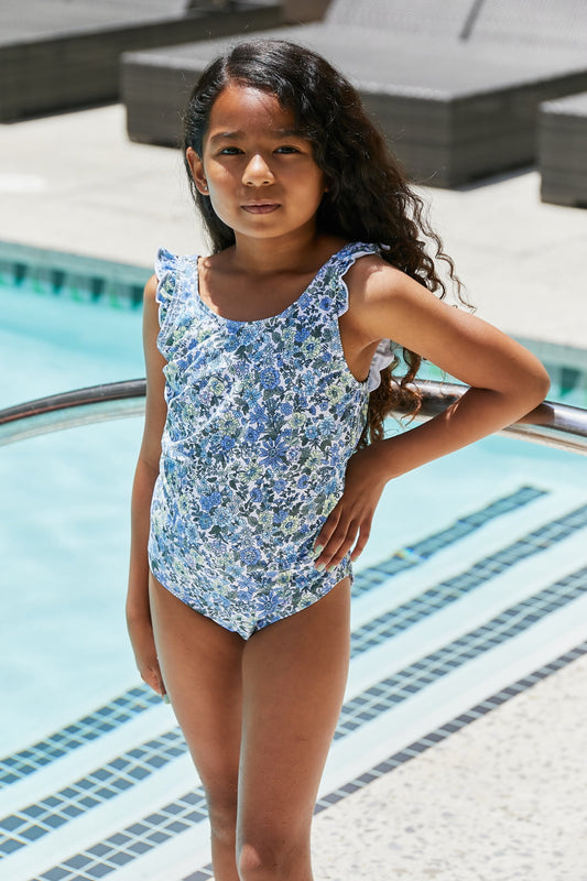 Marina West Swim GIRLS YOUTH Bring Me Flowers V-Neck One Piece Swimsuit In Thistle Blue SZ 18M-11Y 🐶🧸