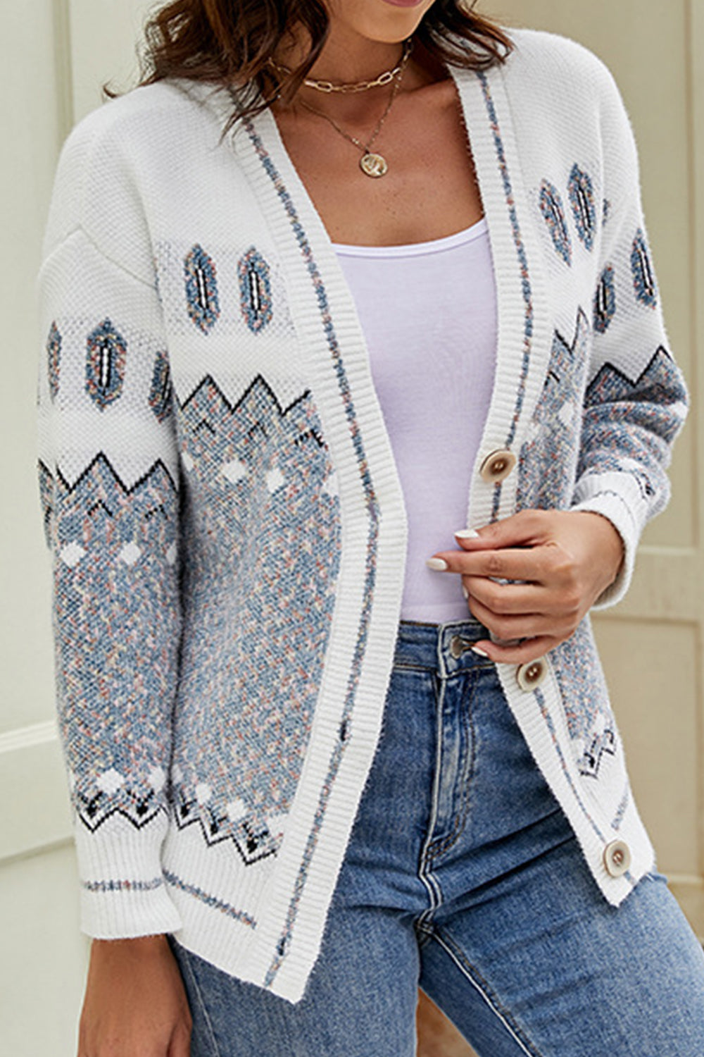 SavannahTree Printed V-Neck Buttoned Cardigan