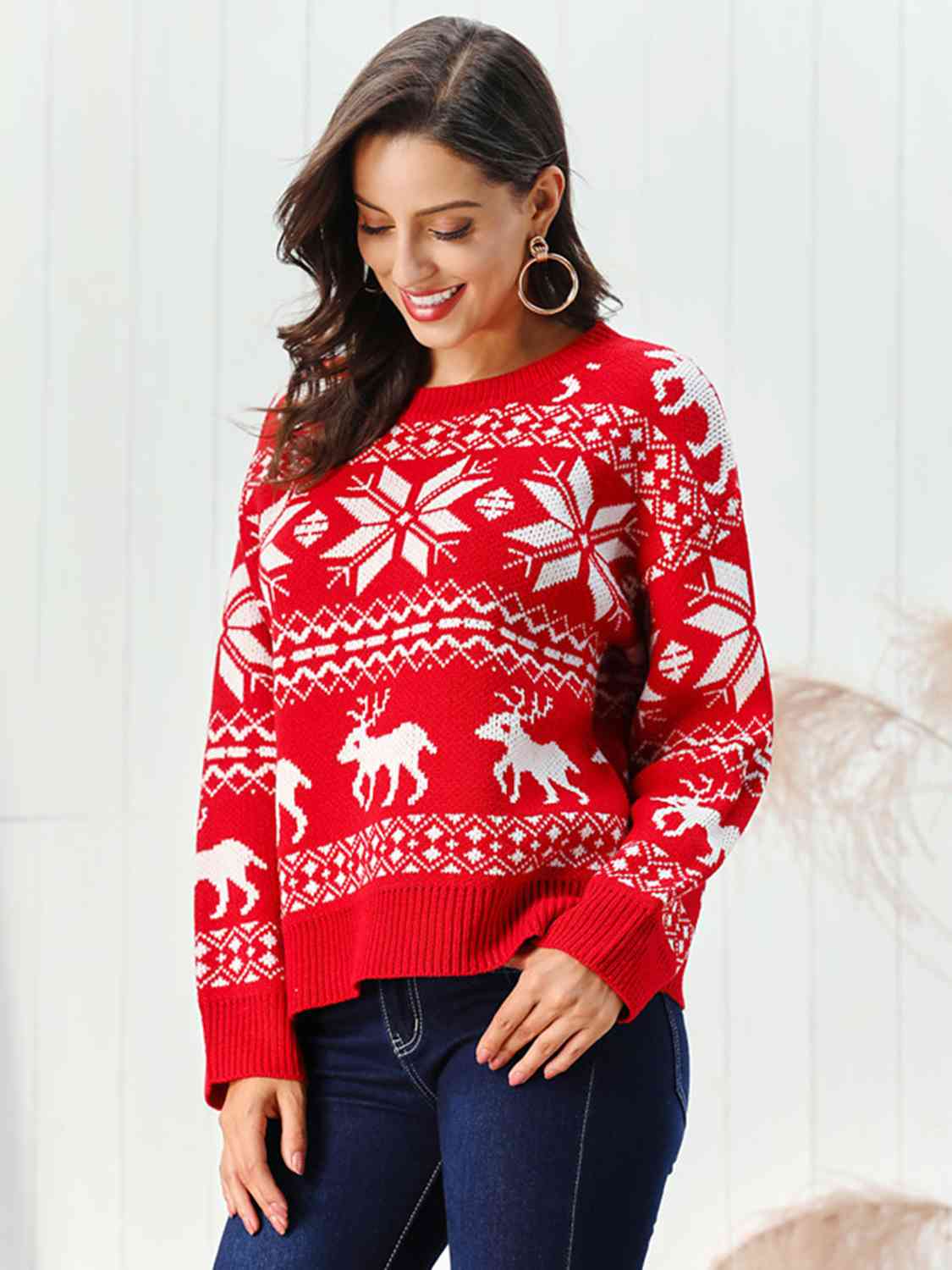 KnittedEmporium Christmas Reindeer & Snowflake Round Neck Sweater