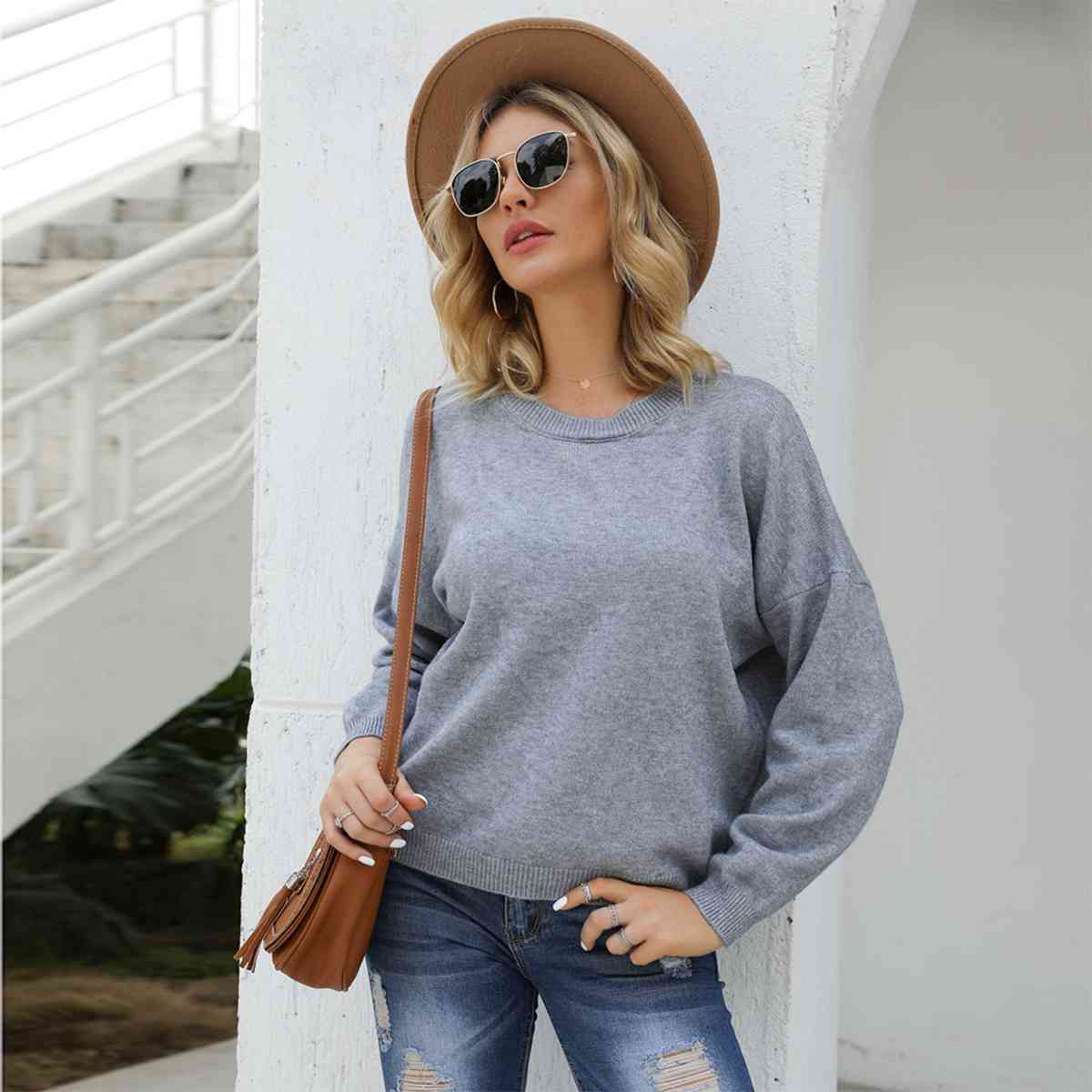 SnuggleTime Round Neck Long Sleeve Drop Shoulder Sweater