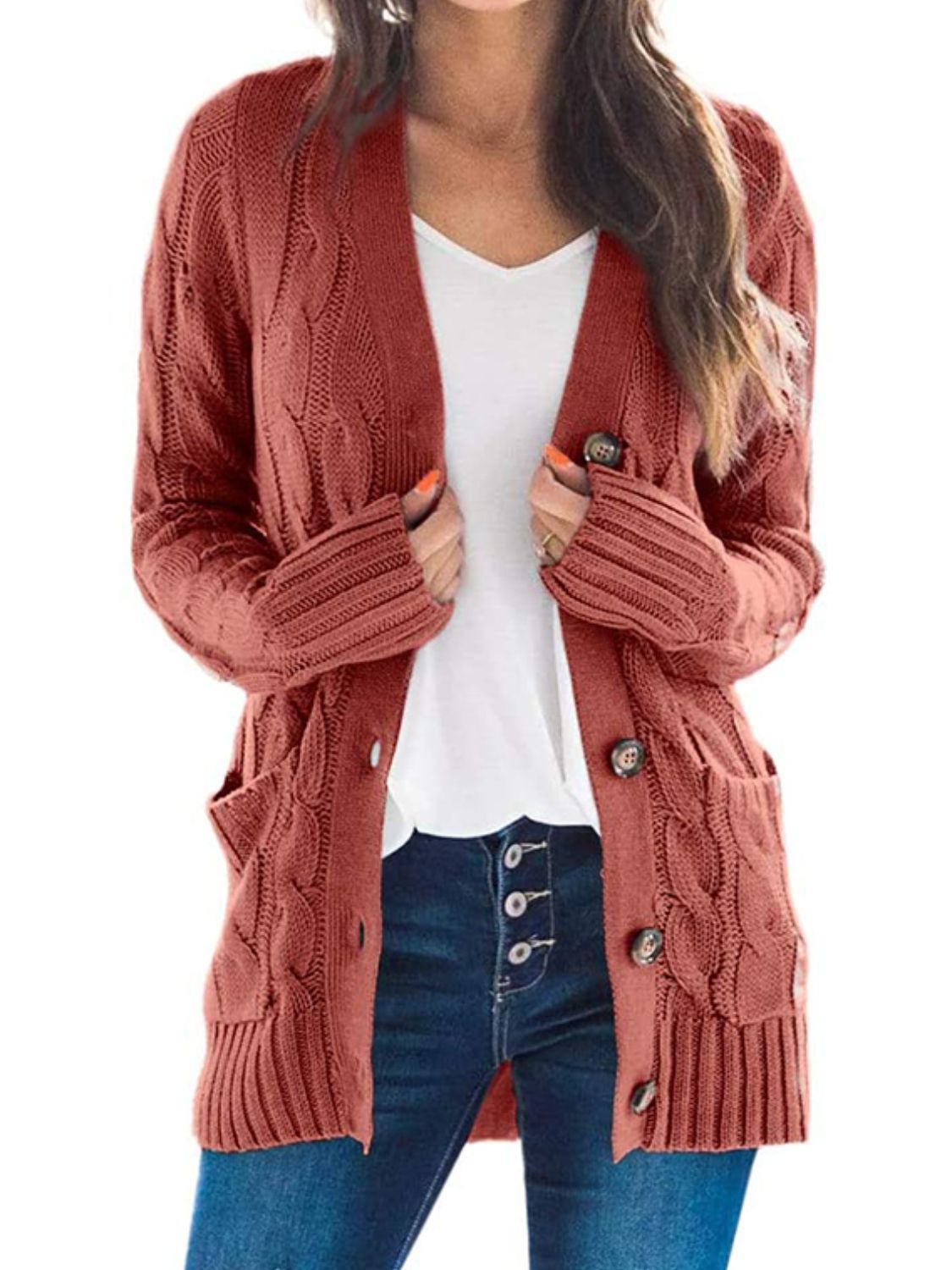 SavannahTree Cable-Knit Buttoned Cardigan with Pockets