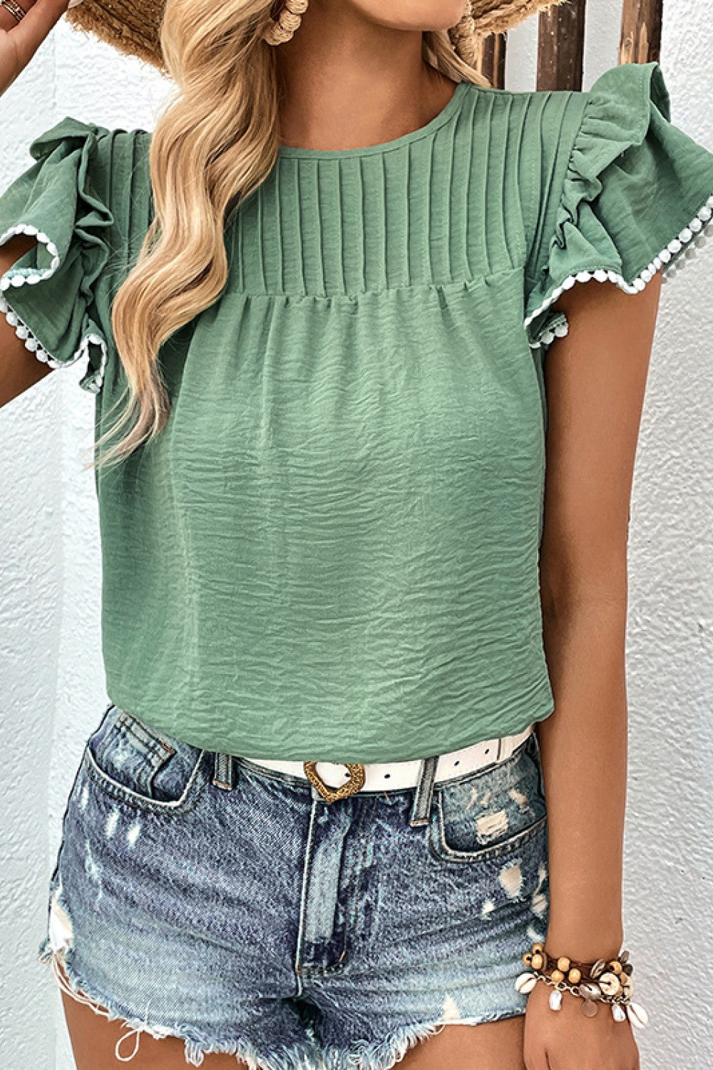 SO CHIC Pleated Detail Flutter Sleeve Blouse