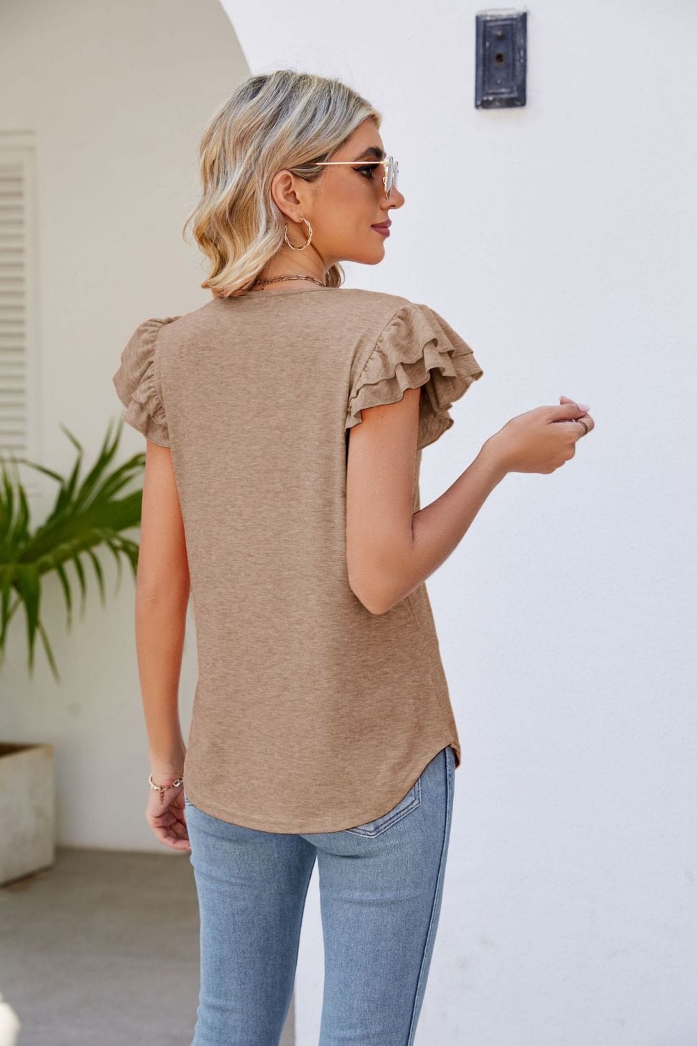 Full Size Smocked Flutter Sleeve V-Neck Top